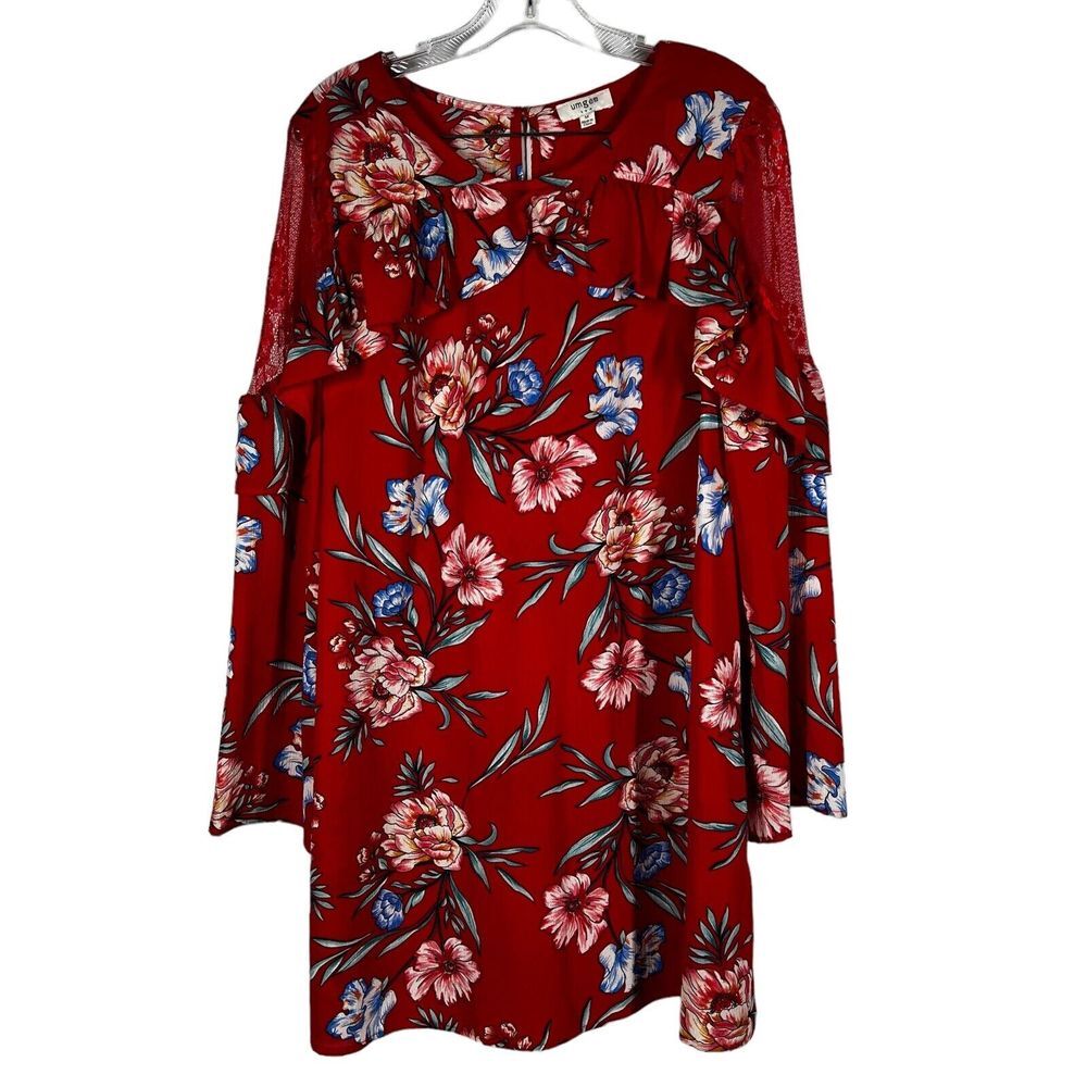 Umgee floral Mini Dress long sleeve lace boho Ruffle babydoll Size med